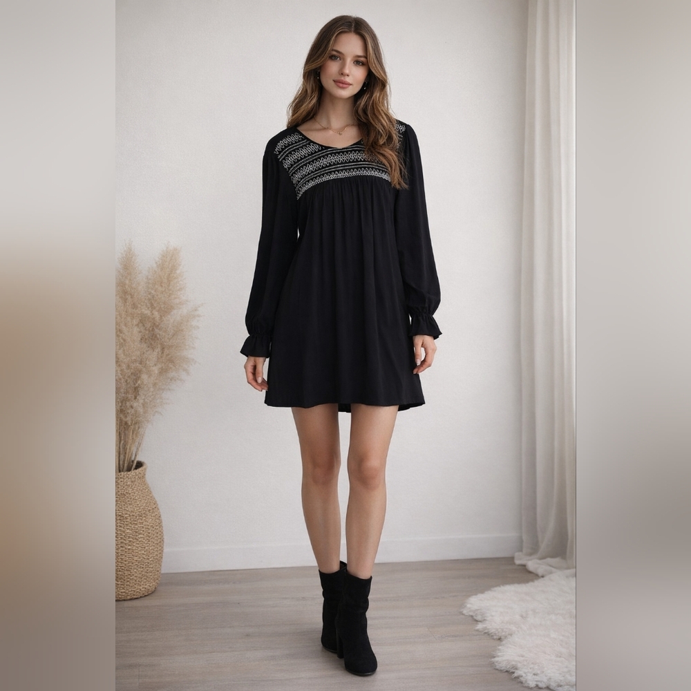 Mikarose Black Mini Dress with Contrasting Embroidered Yoke